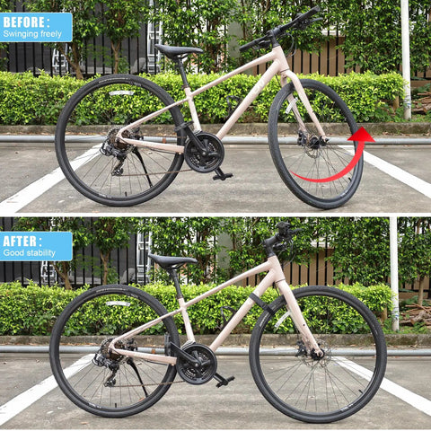 Before and after of a bike using 4 Pack Bike Rack Straps With Adjustable Wheel Stabilizers Heavy Duty Hook And Loop Straps.