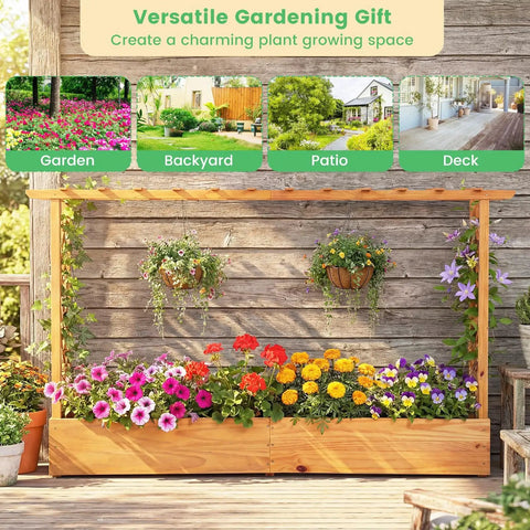 Raised Garden Bed With Trellis And Hanging Roof Wood Planter Box With Drainage Holes Freestanding Yard Ready Outdoor Garden Planter For Flowers Vegetables Fruits Herbs And Climbing Vines 79 By 17.5 By 45 Inches