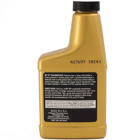 MT-10 Transmission Anti-Friction Lubricant Additive, 8 Fluid Ounces bottle, back label with instructions and product details