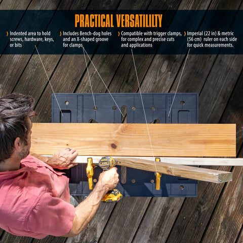 Person using Portable Folding Workbench With 3 Second Setup, 34 Inch Wide By 24 Inch Deep Work Table for DIY projects