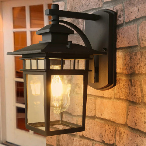 Modern Black Exterior Porch Light Wall Mount Lantern for Home Front Porch Patio Waterproof Outdoor Aluminum Clear Glass 1 Pack Anti Rust Weatherproof Exterior Lighting Fixture Built To Last mounted on brick wall