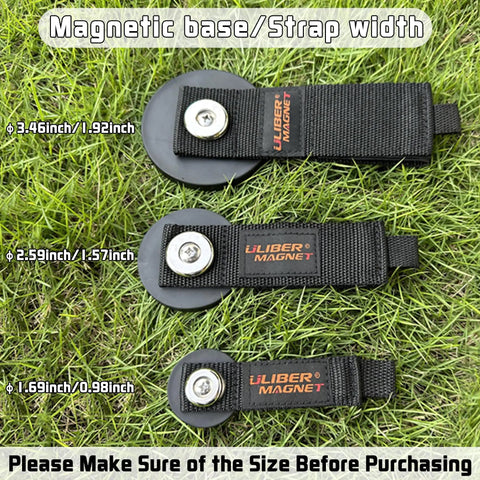 Heavy Duty Magnetic Garage Organizer Straps For Cords Hoses Cables Ropes And Tools Velcro Magnetic Holder For Workshop Home Truck RV And Pickup 2 Pack shown on grass with size measurements