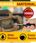 Roll Up Tool Bag Organizer Camouflage Heavy Duty Motorcycle Gear Roll With 4 Large Compartments And 2 Detachable Pouches Portable Tool Bag For Dads And Gearheads Gifts, showing 1000D durable fabric, with a hand holding a screwdriver beside.