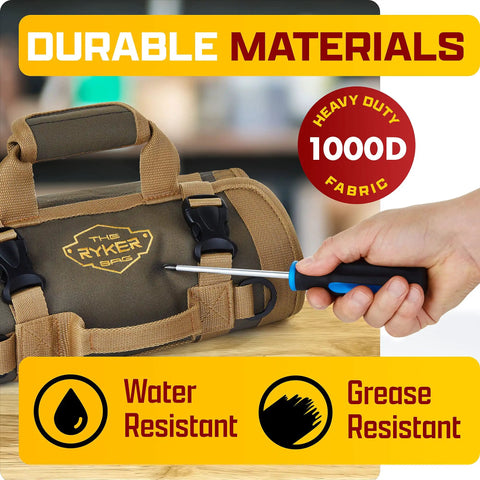Roll Up Tool Bag Organizer 2 Pack Heavy Duty Portable Roll Up Pouch With Detachable Pouches showing water and grease resistance