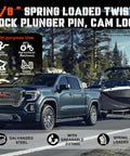 Hella Secure And Built Like A Tank Two Pack Five Eighths Inch Spring Loaded Plunger Pin With Twist Lock Cam Mechanism For Rust Resistant Trailer And Tow Truck Gear shown on a GMC truck towing a boat.