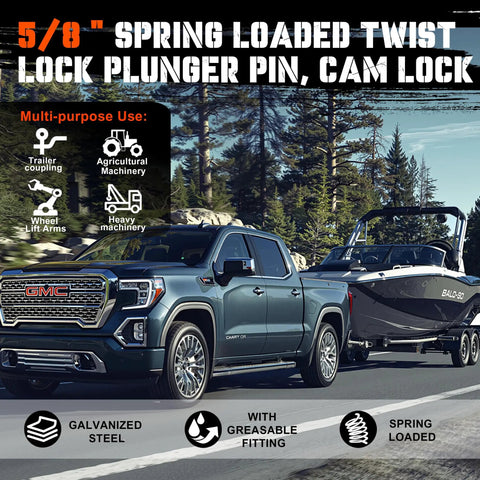 Tough As Nails 4 Pack 5/8 Inch Galvanized Steel Spring Loaded Twist Lock Plunger Pins with grease fitting shown on towing truck.