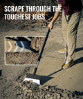 Heavy Duty Garden Flat Shovel With 60 Inch Adjustable Long Handle in use on driveway for scraping with close-up of blade.