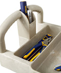 Close-up of handle and tool compartments on a Heavy Duty Two Shelf Utility Cart With Lipped Shelves And Ergonomic Handle, 500 Lb Capacity, Beige