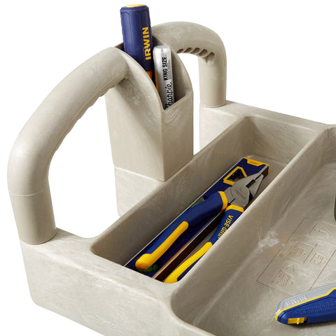 Close-up of handle and tool compartments on a Heavy Duty Two Shelf Utility Cart With Lipped Shelves And Ergonomic Handle, 500 Lb Capacity, Beige