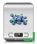 Digital Kitchen Scale With Grams And Ounces For Weight Loss, Baking And Meal Prep, stainless steel with LCD display and blueberries
