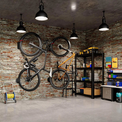 Rock Solid Swivel Bike Wall Mount Rack For Garage, shown in use with two bicycles mounted on brick wall in stylish garage setup