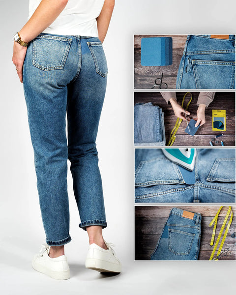 Denim Iron-On Patch Kit With 12 Patches In Three Blue Shades For Inside And Outside Glue Durable Repair For Jeans And Jackets Three Inch By Four And A Quarter Inch Easy DIY Embellishment To Patch Holes And Level Up Your Style. Blue denim iron-on patch kit, 3x4.25 in patches for jeans repair
