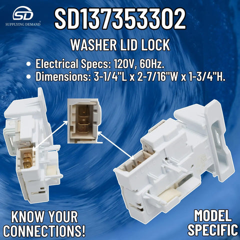 Washer Lid Lock Door Latch Switch Replacement Part Replaces 4245274 PS11703540 AP5962162 shown with dimensions and model number.