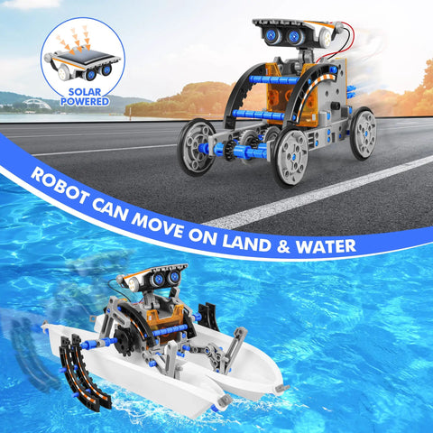 13 In 1 Solar Powered Robot Kit For Kids Aged 8 To 12, Hands On STEM Educational Toy Set For Building Land And Water Robots, Great Birthday Gift For Curious Kids shown as car and boat