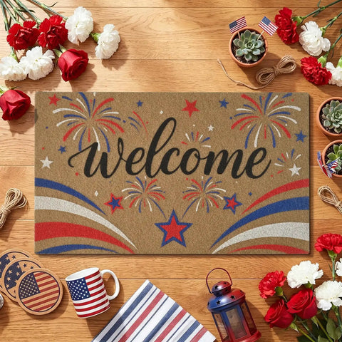 Patriotic 4th Of July Door Mat With Red White Blue Fireworks Design Welcome Mat With Heavy Duty Backing Faux Coco Coir Doormat