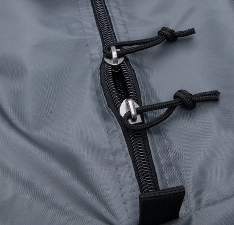 Close-up of zipper on Large Zippered Tent Bag For Camping Gear With Easy Carry Strap, Durable Gray Storage Sack For Tents And Accessories