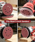 Solid 100 Pcs 5 Inch Sanding Discs With Hook And Loop Backing For Random Orbital Sanders, shown on sanders and wood surface.