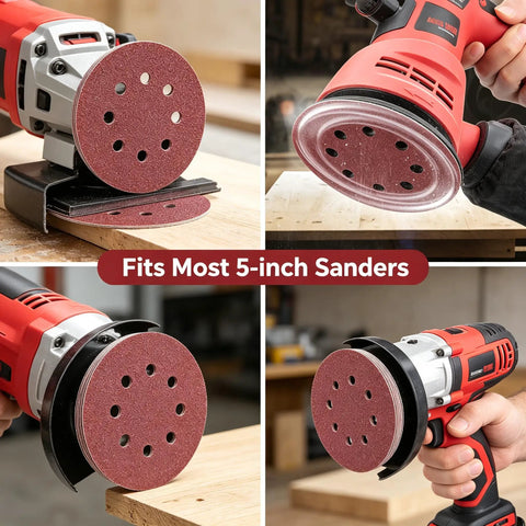 Solid 100 Pcs 5 Inch Sanding Discs With Hook And Loop Backing For Random Orbital Sanders, shown on sanders and wood surface.