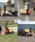 Heavy Duty Electric Pallet Stacker And Badass Off Road Workhorse That Flexes Hard Material Moves On Any Job Site And Cruises Over Uneven Ground Like A Real Champ in various outdoor and indoor job site settings.
