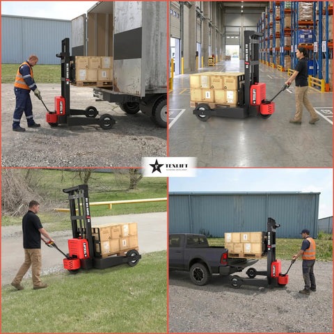 Heavy Duty Electric Pallet Stacker And Badass Off Road Workhorse That Flexes Hard Material Moves On Any Job Site And Cruises Over Uneven Ground Like A Real Champ in various outdoor and indoor job site settings.