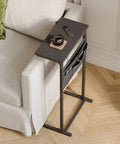 C Shaped End Table For Small Spaces With Storage Bag by a couch, narrow table with bag, holds coffee and phone, Black LET501B