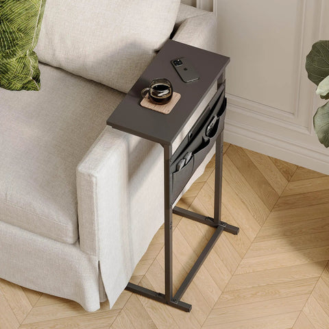 C Shaped End Table For Small Spaces With Storage Bag by a couch, narrow table with bag, holds coffee and phone, Black LET501B