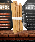 Fatwood Fire Starter Sticks 10lb Box For Campfires And BBQs, bundle of sticks on brick surface, product benefits listed