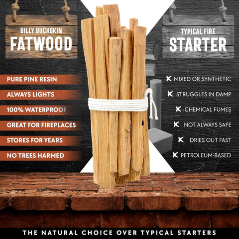 Fatwood Fire Starter Sticks 10lb Box For Campfires And BBQs, bundle of sticks on brick surface, product benefits listed