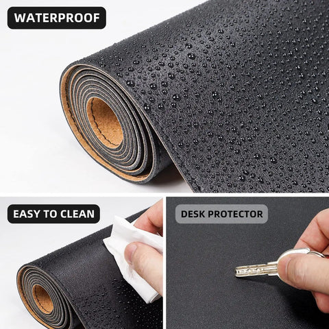 Close-up of waterproof Large Desk Pad 47.2 Inch By 17 Inch Leather Desk Pad Protector with natural cork and waterproof surface