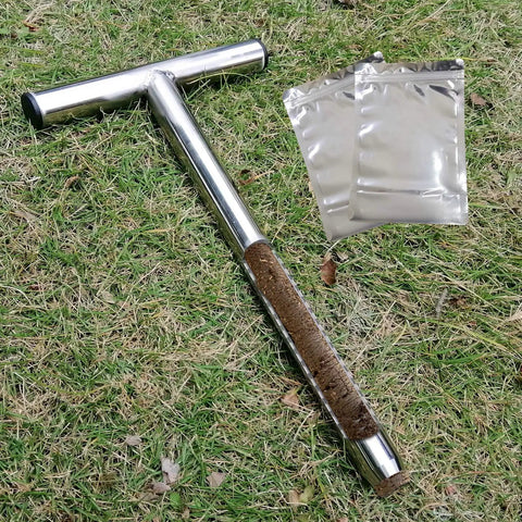 12 Inch Stainless Steel Soil Probe With T Handle And Two Reusable Sample Bags A DIY Pro Grade Soil Test Kit For Garden Lawn Farm And Plant Care Durable Metal Sampling Tool For Quick Accurate Soil Readings on grass