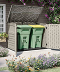 Horizontal Outdoor Storage Shed For Trash Cans And Yard Tools All Weather Resin With Soft Close Lid Wood Like Finish Holds Two 96 Gallon Cans