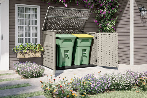 Horizontal Outdoor Storage Shed For Trash Cans And Yard Tools All Weather Resin With Soft Close Lid Wood Like Finish Holds Two 96 Gallon Cans