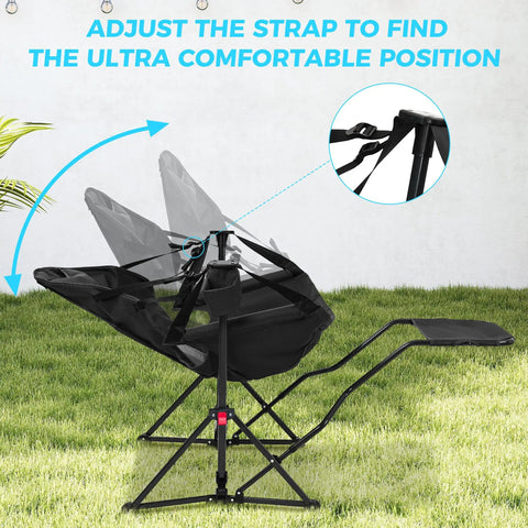 Hammock Camping Chair With Detachable Footrest And Cup Holder showing adjustable recline feature on grass