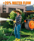 Person using Heavy Duty Five Eighth Inch By 75 Foot Retractable Garden Hose Reel Wall Mount With 10 Pattern Nozzle in garden