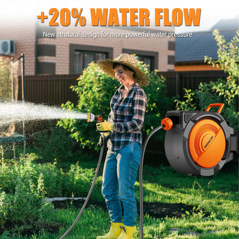 Person using Heavy Duty Five Eighth Inch By 75 Foot Retractable Garden Hose Reel Wall Mount With 10 Pattern Nozzle in garden