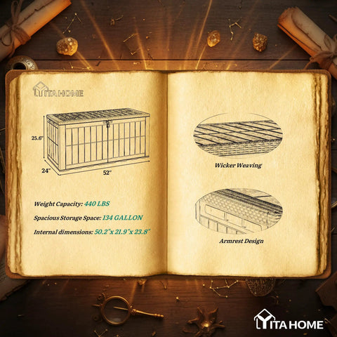 134 Gallon Waterproof Resin Deck Box With Lock Doubles As A Two Person Bench, diagram showing dimensions and wicker weaving detail