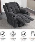 Dark gray Comfy Power Swivel Rocker Recliner with Massage and Heat for Adults USB and Type C Ports in living room