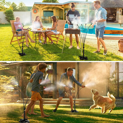 Outdoor Patio Standing Misters Portable Misting System For Cooling Your Yard 26.5 Foot Mist Line With 31.5 Inch Tall Water Mister spraying at a BBQ.