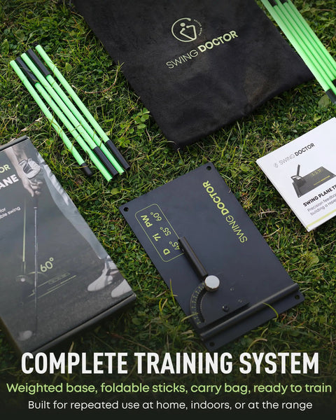 Golf Swing Plane Trainer With Adjustable Alignment Stick Holder And Pro Grade Weighted Metal Build for practice setup