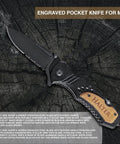 Engraved stainless steel folding pocket knife with black handle for men; Personalized Groomsmen Pocket Knife Gift For Best Man And Groom Custom Engraved Folding Knife For Wedding Party And Bachelor Party Gifts For Men Durable Everyday Carry Knife With Engraved Message For Lasting Memories And Practical Wedding Gift Idea
