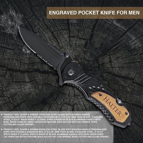 Engraved stainless steel folding pocket knife with black handle for men; Personalized Groomsmen Pocket Knife Gift For Best Man And Groom Custom Engraved Folding Knife For Wedding Party And Bachelor Party Gifts For Men Durable Everyday Carry Knife With Engraved Message For Lasting Memories And Practical Wedding Gift Idea