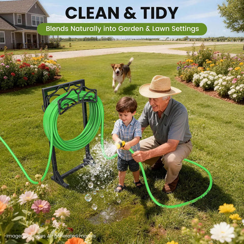 Heavy Duty Freestanding Garden Hose Holder Built To Last With Thick Gauge Metal For Outdoor Use supporting hose on lawn