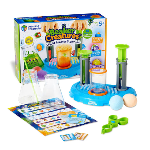 Beaker Creatures Liquid Reactor Super Lab STEM Toy Kit with reactor pods, hydroplungers, beakers, tongs for hands-on science experiments.