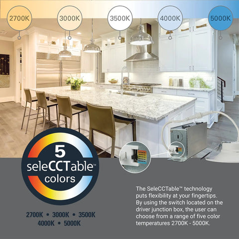 Kitchen with 4 Inch Canless Recessed LED Downlight For Sloped Ceilings With Adjustable Tilt, showing color temperature options 2700K-5000K.