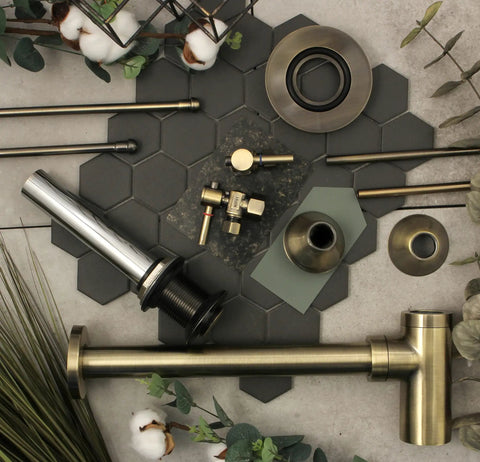 Trimscape Modern Bathroom Sink Trim Kit With Bottle Trap And Drain In Antique Brass, Solid Brass Construction components layout