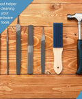 2 Piece Steel File Card Brush Set 8 Inch Abrasive Hand File Cleaner alongside tools on wooden surface.