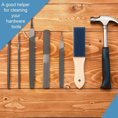 2 Piece Steel File Card Brush Set 8 Inch Abrasive Hand File Cleaner alongside tools on wooden surface.
