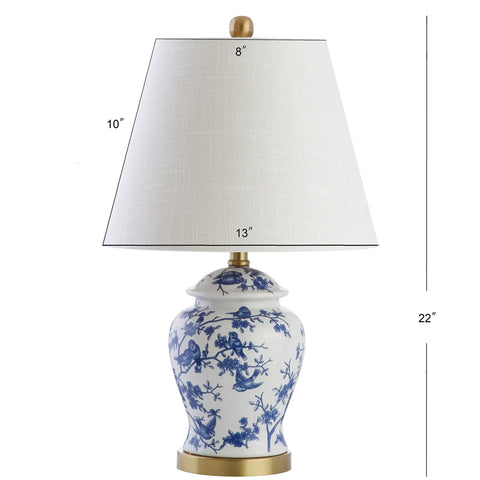 Blue And White Ceramic Ginger Jar Table Lamp With White Linen Shade, 22 Inch Tall LED Bedside Lamp, French Country Chinoiserie Style