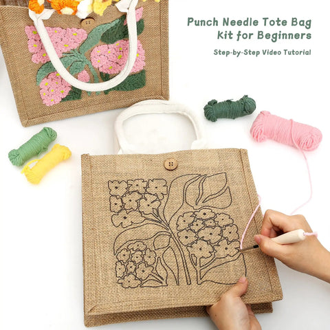DIY Punch Needle Tote Bag Kit For Adults And Beginners With Video Tutorial And Clear Written Instructions Includes Tools For A Unique Pink Green Tote Pattern You Can Craft On The Go being crafted.