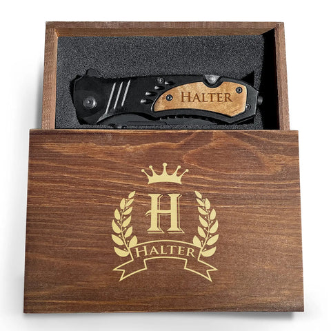 Personalized Groomsmen Pocket Knife Gift For Best Man And Groom Custom Engraved Folding Knife in wooden box.